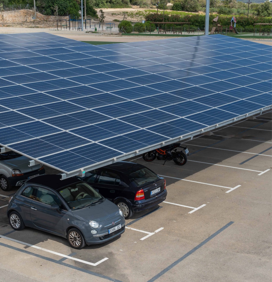 Aerial view of solar panel covered parking