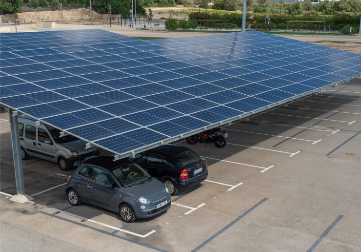 Aerial view of solar panel covered parking
